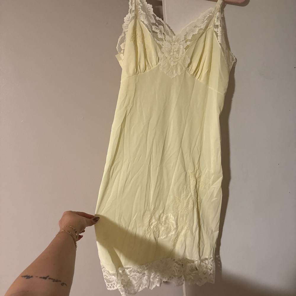 Vintage Pale Yellow 1960s Lace Slip Dress